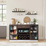 ZUN Double Glass Door with Single Drawer and 12-Bottle Wine Rack Sideboard in Black Frame + White-Brown 64021820