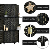 Foldable Room Screen with Storage Shelves - 106.5"x71" Max Size, Hand-Woven Fiber & Poplar Wood 10322052