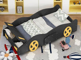 Twin Size Race Car-Shaped Platform Bed with Wheels and Storage, BlackYellow WF305759AAB