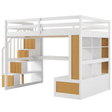 Full Size Loft Bed with Desk and Shelves, Two Built-in Drawers, Storage Staircase, White and Natural 04858801