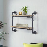 ZUN Oak and Sandy Black Rectangle 2-Tier Wall Shelf B062P184604