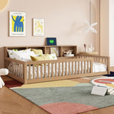 Wood Twin XL Size Floor Bed with Storage Cabinets and USB Ports, Brown N709P205811D
