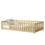 Twin Size Floor Bed with Fence without Door, Rubber Wood Floor Bed with Safety Guardrails,Natural W504P296796