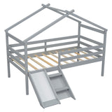 ZUN Twin Low Loft House Bed with Slide, Ladder, Safety Guardrails, House Roof Frame,Grey 74742872