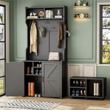 ON-TREND Farmhouse 4-in-1 Hall Tree with Barn Doors, Movable Bench with 7 Hanging Hooks and Shoe N721P205788B