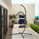 ZUN Outdoor Garden Rattan Egg Swing Chair Hanging Chair Dark Blue Cushion W874126289