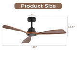 48 Inch Ceiling Fan Without Light, 3 Solid Wood Blades Indoor&Outdoor Ceiling Fan 6-speed Reversible W934P196653