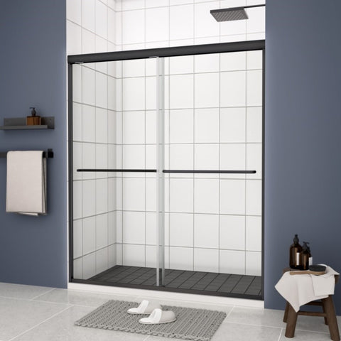 ZUN Bypass shower door, sliding door, with 1/4" tempered glass and Matted black finish W2122131037