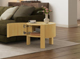 Round Fluted Side Table with Storage for Living Room, Rubber Solid Wood, Soft-close Door, Natural, N735P369881N