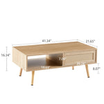 ZUN 41.34" Rattan Coffee table, sliding door for storage, solid wood legs, Modern table for living room W126573113