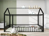 Twin Size Metal Bed House Bed Frame with Fence, for Kids, Teens, Girls, Boys, Black MF304315AAB