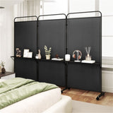 3-Panel Folding Divider with Lockable Wheels and 3 Metal Shelves Black 83574560