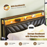 Queen size Platform Bed Frame with 105-Degree Tilted Upholstered Headboard, Charging Station, LED W1903P195268