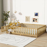 Full Size Floor Bed with Fence and Door,Rubber Wood Floor Bed with Safety Guardrails,Natural W504P296787