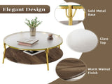 Modern Round Walnut 2-Tiered Coffee Table with Glass Top and Gold Base for Living Room, 29.9" N735P350390D