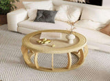 35.43"Vintage Rattan Solid Wood Round Coffee Table, Curved Legs Boho Accent Table for Dining Room, W757P383547