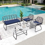 4-piece wicker patio furniture set with tempered glass table, detachable blue cushion cover for easy W2071P291321