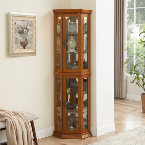 ZUN Corner Curio Cabinet with Lights, Adjustable Tempered Glass Shelves, Mirrored Back, Display W1693P165016