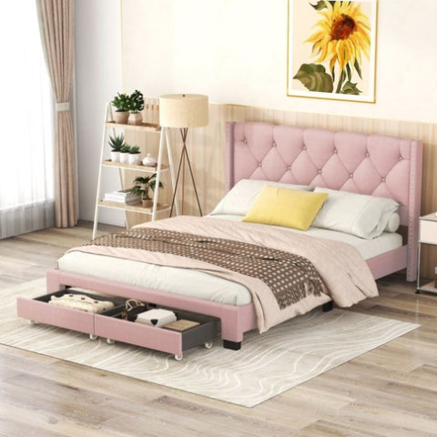 ZUN Queen Size Storage Bed Linen Upholstered Platform Bed with Two Drawers - Pink WF303649AAH