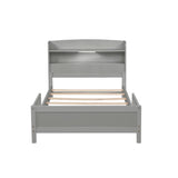 Twin Pine Wood Bed with Bookcase Headboard ,LED Motion Sensor Light, Guardrails,Grey W504P277595