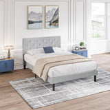 Queen Size Upholstered Platform Bed Frame with Modern Button Tufted Linen Fabric Headboard, No Box W311P197752