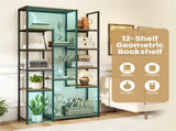 Freestanding Geometric Walnut Bookshelf 12 Staggered Shelves Metal Frame with Anti-Tip Kit 20854570
