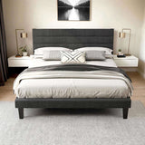 Dark Gray Queen Size Tufted Platform Bed Frame - Linen-Like Upholstery, Horizontal Stripe Headboard 66244941