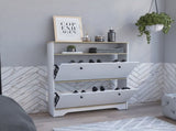 Shoe Rack 46" H, One Open Storage Shelf, Two Internal Storage Drawers, Two Doors, Light Oak / White B097133215