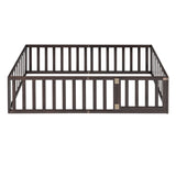 Twin Size Wood Floor Bed Frame with Fence and Door, Walnut WF299299AAL