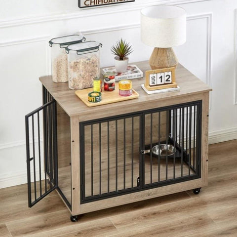 ZUN Furniture Style Dog Crate Side Table With Rotatable Feeding Bowl, Wheels, Three Doors, Flip-Up Top 50861371