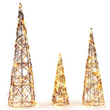 Set of 3 Pre-Lit Christmas Cone Trees - 60 Warm White LEDs, 32"/24"/16" Sizes, Brown Rattan 68689856