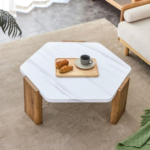 ZUN Modern practical MDF coffee table with white tabletop and wooden toned legs. Suitable for living W1151138529