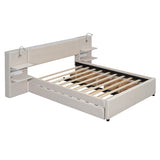 Queen Size Upholstered Platform Bed with Reading Lights, Drawers, Trundle and Shelves, Beige 57706475