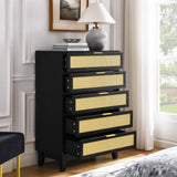 ZUN Bedroom 5 drawer dresser, rattan dresser modern wooden chest of drawers with spacious storage space W1781P183009