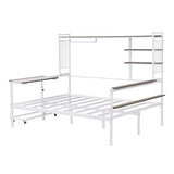 ZUN Full size Metal Daybed with Movable Desk, Metal Grid, Shelves and Clothes Hanger, White N737P199321K