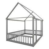 Full Size Floor Wooden Bed with House Roof Frame and Safety Guardrails ,Gray W1580P172925