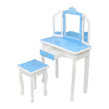 Children's Wooden Dressing Table Three-Sided Folding Mirror Dressing Table Chair Single Drawer Blue 02718254