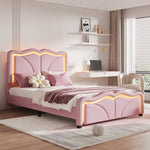 ZUN Twin Size Upholstered Platform Bed with Curve Shaped and Height-adjustbale Headboard,LED Light WF323748AAH