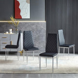 ZUN Black modern simple style dining chair leather chrome metal pipe diamond grid pattern restaurant W29964276