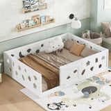 Full Size Floor Bed with Heightened Safety Guardrails and Door, Solid Wood Bedframe with Rails for W1820P240541