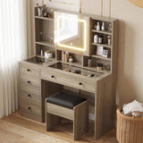 9262 gray particle board, tempered glass tabletop, linen finish, 5-drawer dressing table set with 82967963