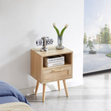 15.75" Rattan End table with drawer and solid wood legs, Modern nightstand, side table for living 08006568