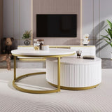 Modern Round Nesting Coffee Table Fluted with Drawer in White & Gold in 27.6" N735P254992K
