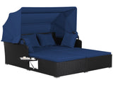 Navy Rattan Daybed Lounge W/ Retractable Top Canopy Side Tables Cushions 50299606
