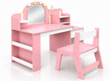 Kids 2-in-1 Castle Vanity Table & Study Desk Set with Chair, 3 Colors Dimmable LED Light Mirror, 49828230
