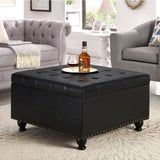 ZUN Large square storage with wooden legs, Upholstered button tufted coffee table with nail trims for 12436227