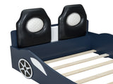 Wood Twin Size Race Car-Shaped Platform Bed with LED and Upholstered Backrest, Blue 38200943