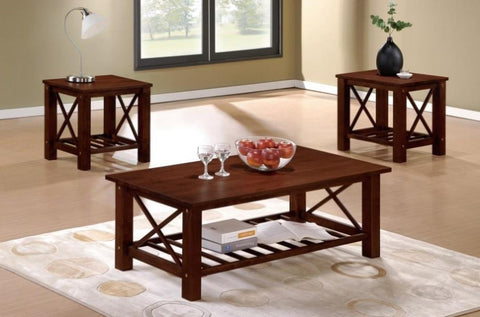 ZUN Modern Cherry Rubberwood 3pc Tables Set 1x Coffee Table and 2x End Tables MDF w/ Ogumi Veneer Top B011P237478