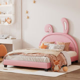 Full Size Upholstered Leather Platform Bed with Rabbit Ornament, Pink WF299139AAH