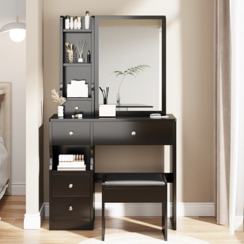 ZUN Small Space Left Drawer Desktop Vanity Table + Cushioned Stool, Extra Large Right sliding mirror, 33856861